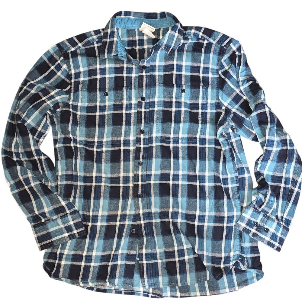 The North Face Mens Blue Plaid Flannel Long Sleeve Button Down Shirt Large